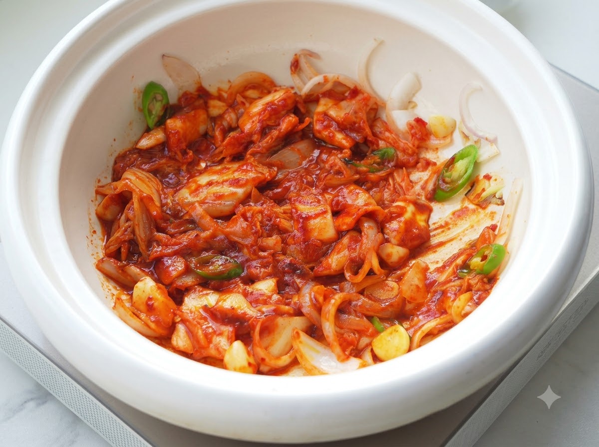 Rote, scharfe Eintopfbasis vermischt mit Kimchi und Paste, die im Topf köchelt.