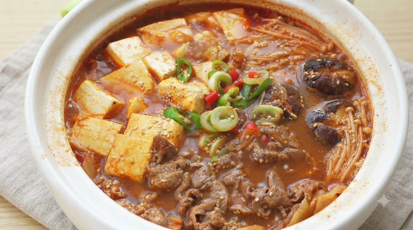 Ein köchelnder Topf mit koreanischem Rinder- und Tofueintopf, gefüllt mit zartem Rindfleisch, weichen Tofuwürfeln, Pilzen und einer kräftig roten, scharfen Brühe.