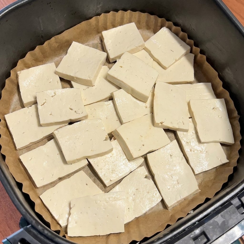 Roher, in Scheiben geschnittener fester Tofu liegt flach auf Backpapier in einem Heißluftfritteusenkorb.