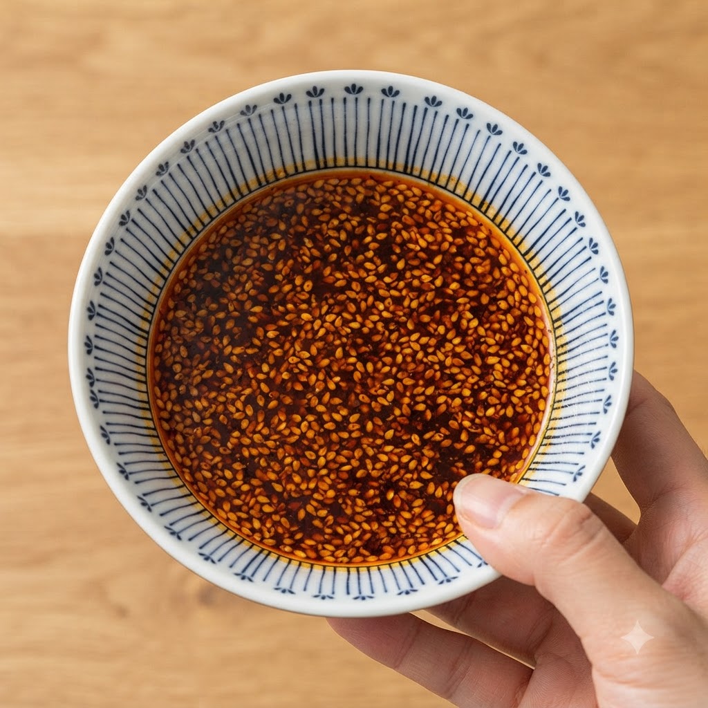 Eine Hand hält eine kleine gemusterte Schüssel gefüllt mit einer dunkelroten Sauce vermischt mit weißen Sesamsamen.