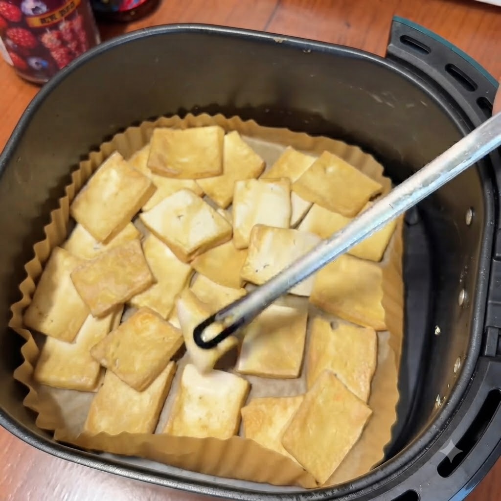 Metallzange wendet leicht gebräunte, teilweise gegart Tofuscheiben auf Backpapier in einem Heißluftfritteusenkorb.