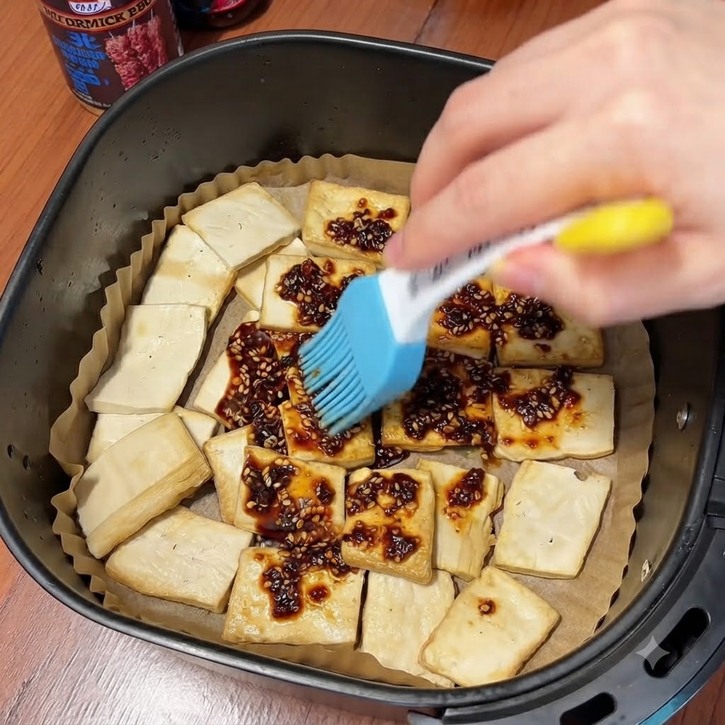Eine Hand trägt mit einem blauen Silikonpinsel eine dunkelrote Chili-Sesam-Sauce auf gewendete Tofuscheiben in einer Heißluftfritteuse auf.