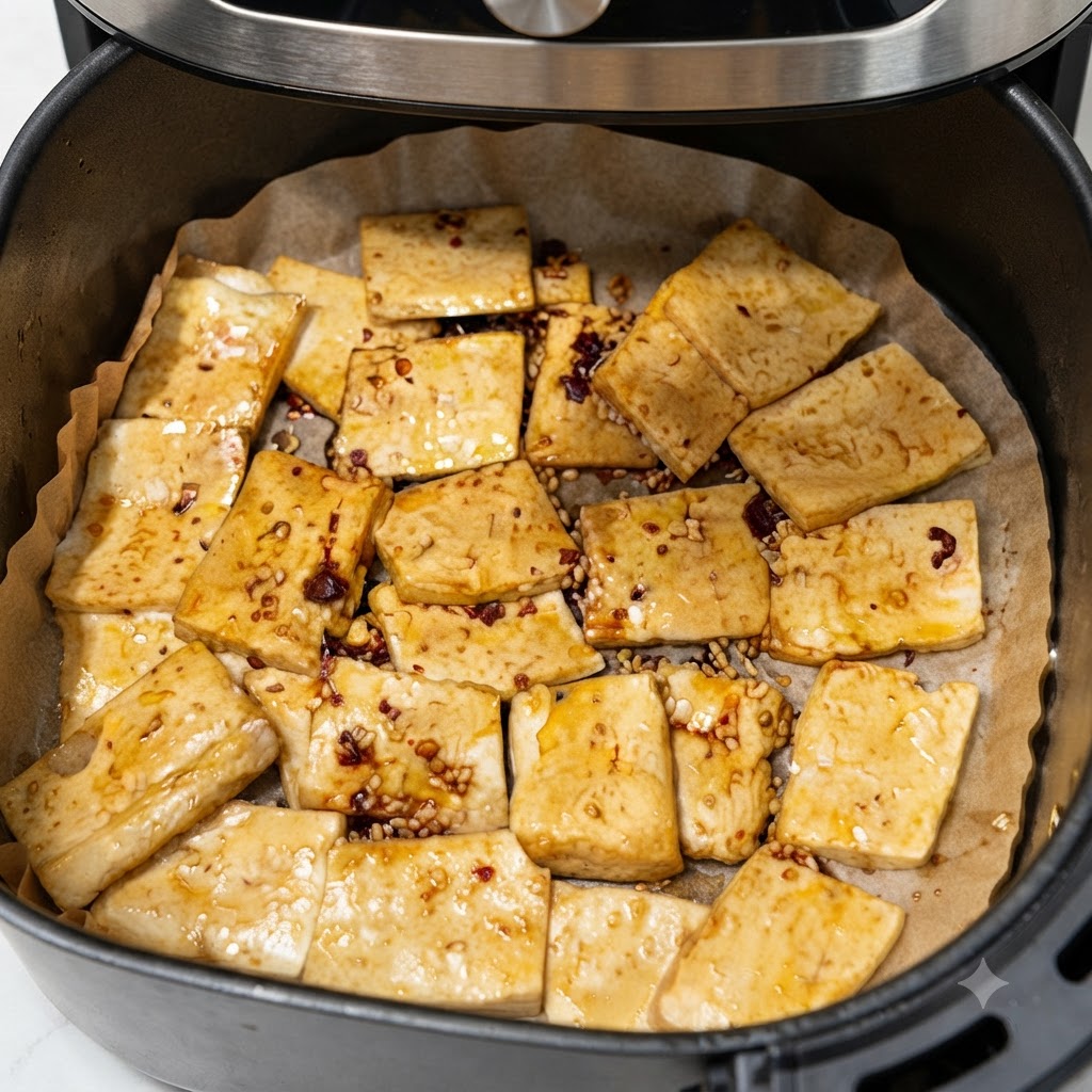 Tofuscheiben in einem Heißluftfritteusenkorb werden vor dem letzten Röstvorgang mit Öl besprüht.