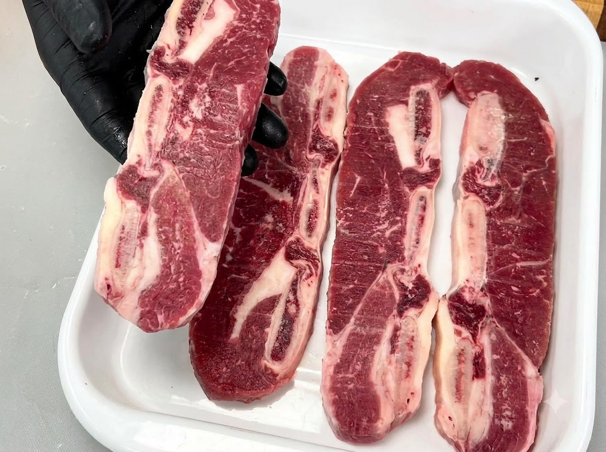 Eine be Handschuh bedeckte Hand hält ein rohes LA Short Rib mit Knochen und zeigt die Marmorierung.