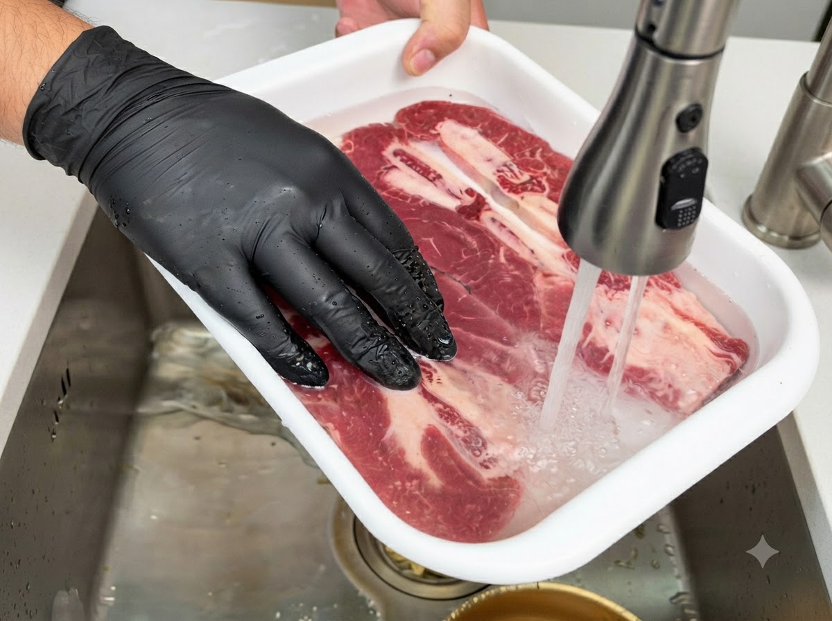 Hände in Handschuhen waschen rohe Short Ribs unter fließendem Wasser in einem Behälter.