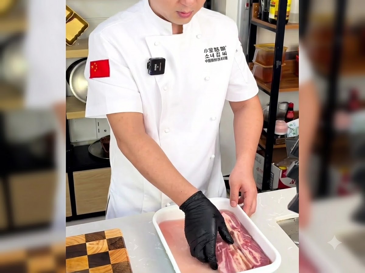 Eine Hand in Handschuhen spült Short Ribs vorsichtig in einer Wasserschale ab.
