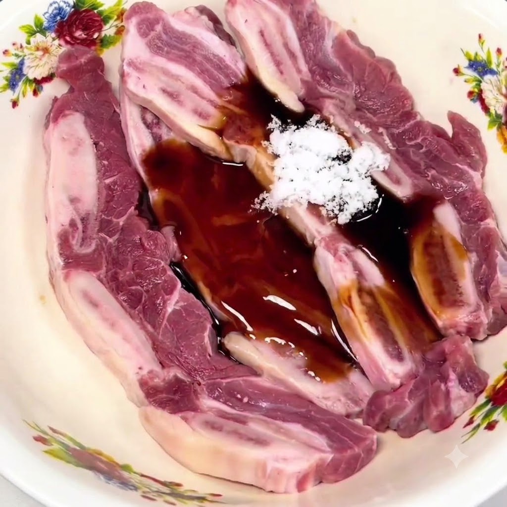 Rohe Short Ribs in einer gemusterten Schüssel mit dunkler Sojasauce, Zucker und Flüssigwürze.