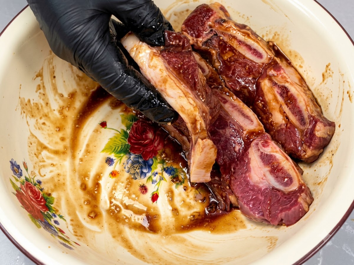 Eine schwarz be handschuhte Hand massiert dunkle Marinade in rohe Short Ribs ein.