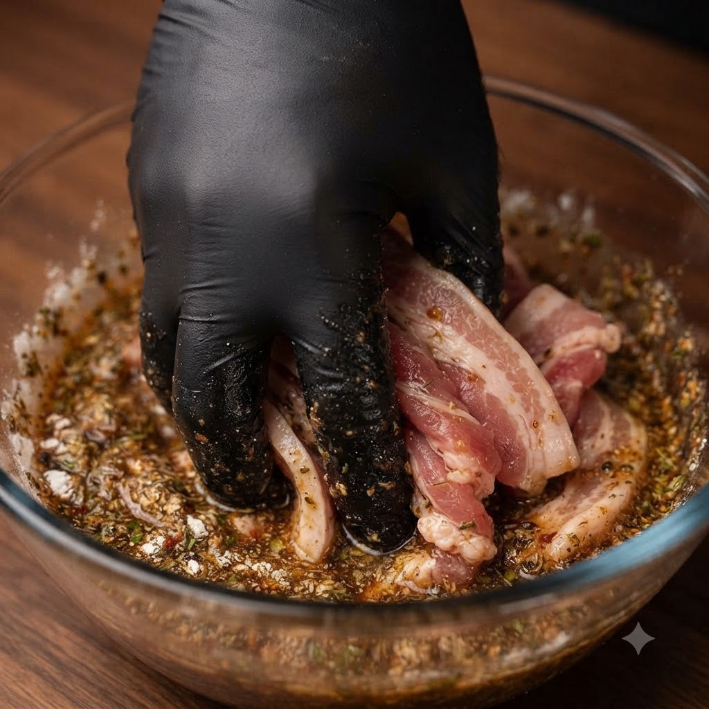 Eine behandschuhte Hand mischt rohe Rinderrippchen mit der Marinade in einer Glasschüssel.