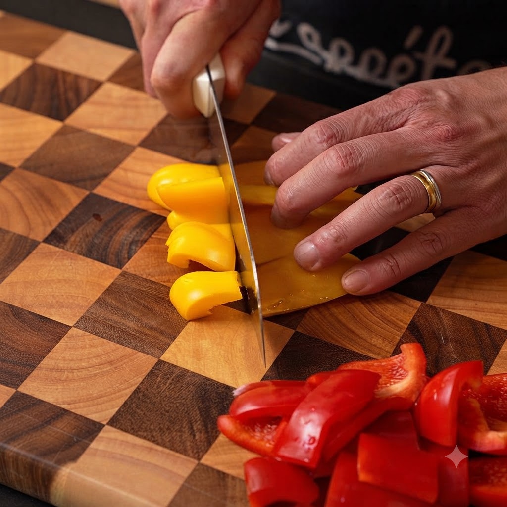 Eine gelbe Paprika wird auf einem Schneidebrett in große Stücke geschnitten, daneben gehackte rote Paprika.
