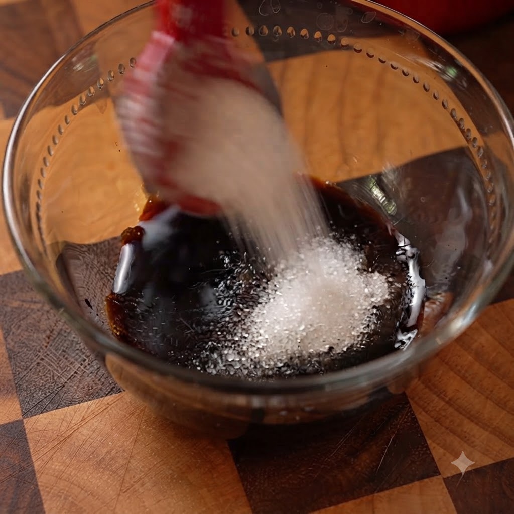 Eine kleine Glasschüssel mit den Zutaten für die Schwarzpfeffer-Sauce, während mit einem roten Löffel Zucker hinzugefügt wird.