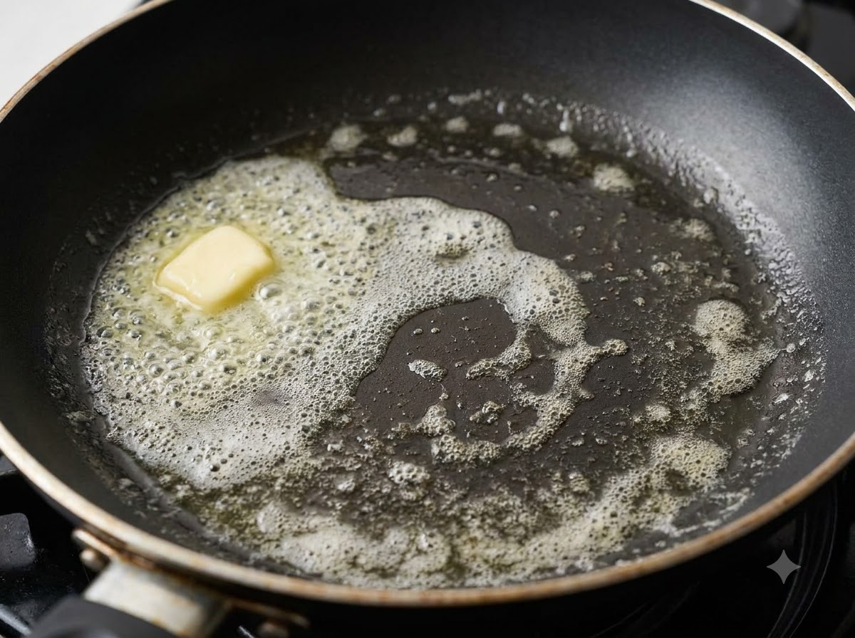 Ein kleines Stück Butter schmilzt und schäumt in einer heißen Pfanne.