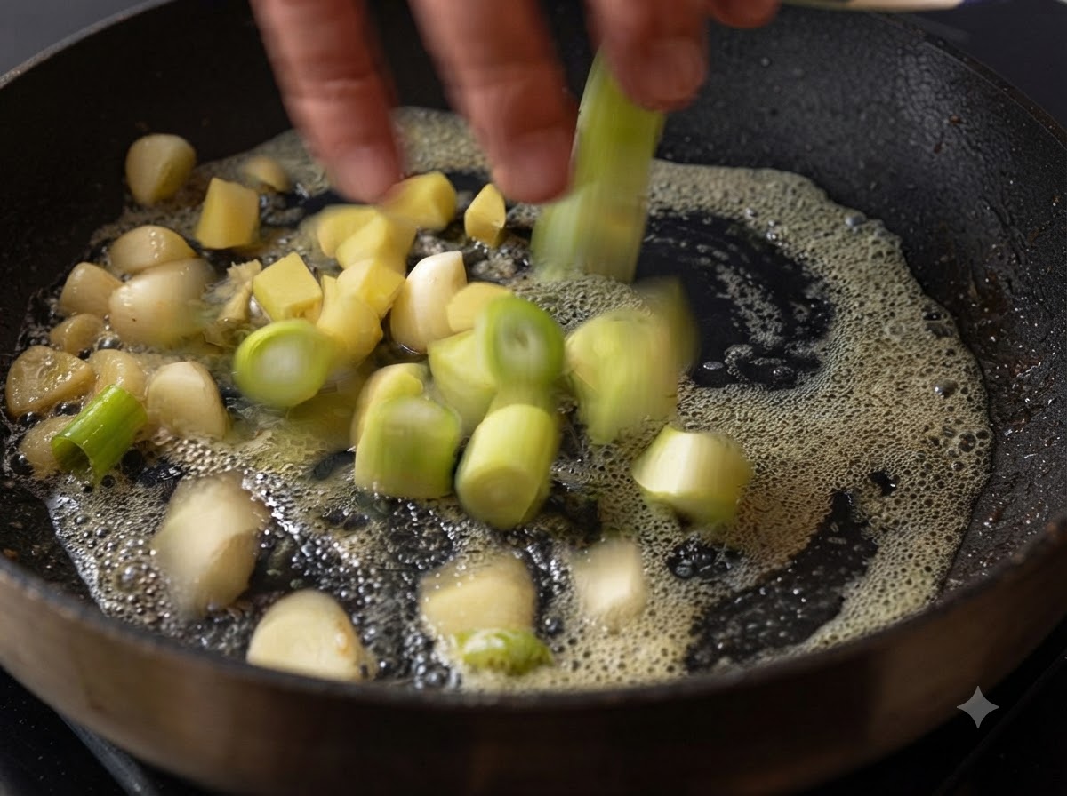 Gehackte Frühlingszwiebeln, Knoblauchzehen und gewürfelter Ingwer werden in die geschmolzene Butter in einer Pfanne gegeben.