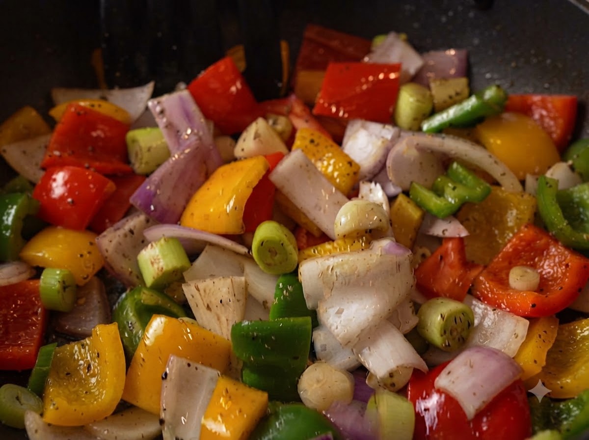 Rinderrippchen zusammen mit Paprika und Zwiebeln in einer Bratpfanne.