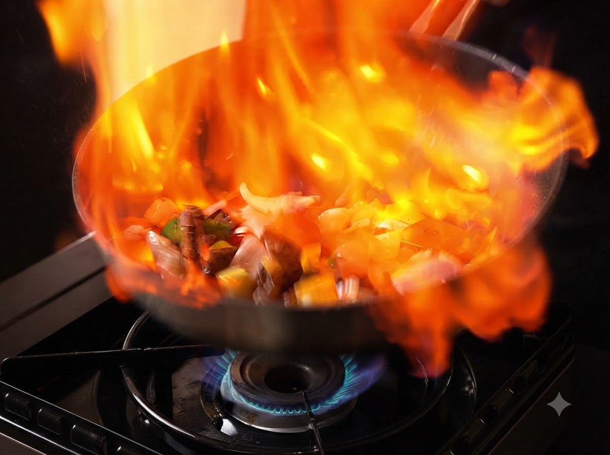 Eine große Flamme hüllt die Pfanne während des Flambierens von Fleisch und Gemüse ein.