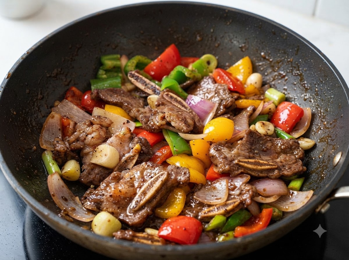 Dunkle Schwarzpfeffer-Sauce wird über die Rinderrippchen und das Gemüse in einer Pfanne gegossen.