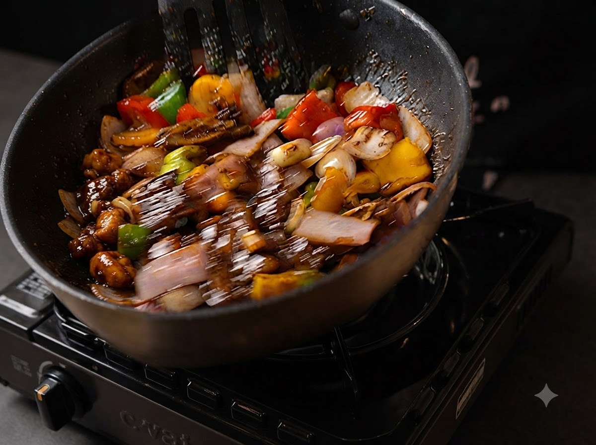 Ein Pfannenwender schwenkt Rindfleisch und Gemüse in einer dicken, glänzenden Schwarzpfeffer-Sauce.
