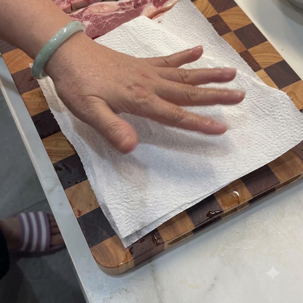 Eine Hand presst Papiertücher auf rohe Rinderrippchen auf einem Schneidebrett, um Feuchtigkeit zu entfernen.