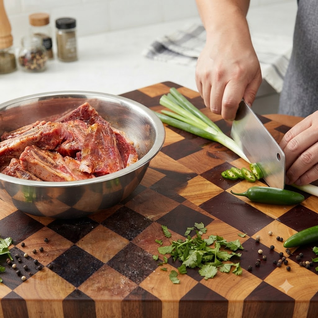 Eine Person schneidet Frühlingszwiebeln und Paprika auf einem Schneidebrett neben einer Schüssel mit rohem Fleisch.