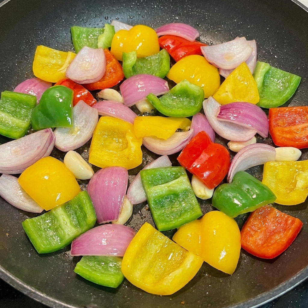 Stücke von grüner Paprika, gelber Paprika und roten Zwiebeln vermischt in einer Pfanne.