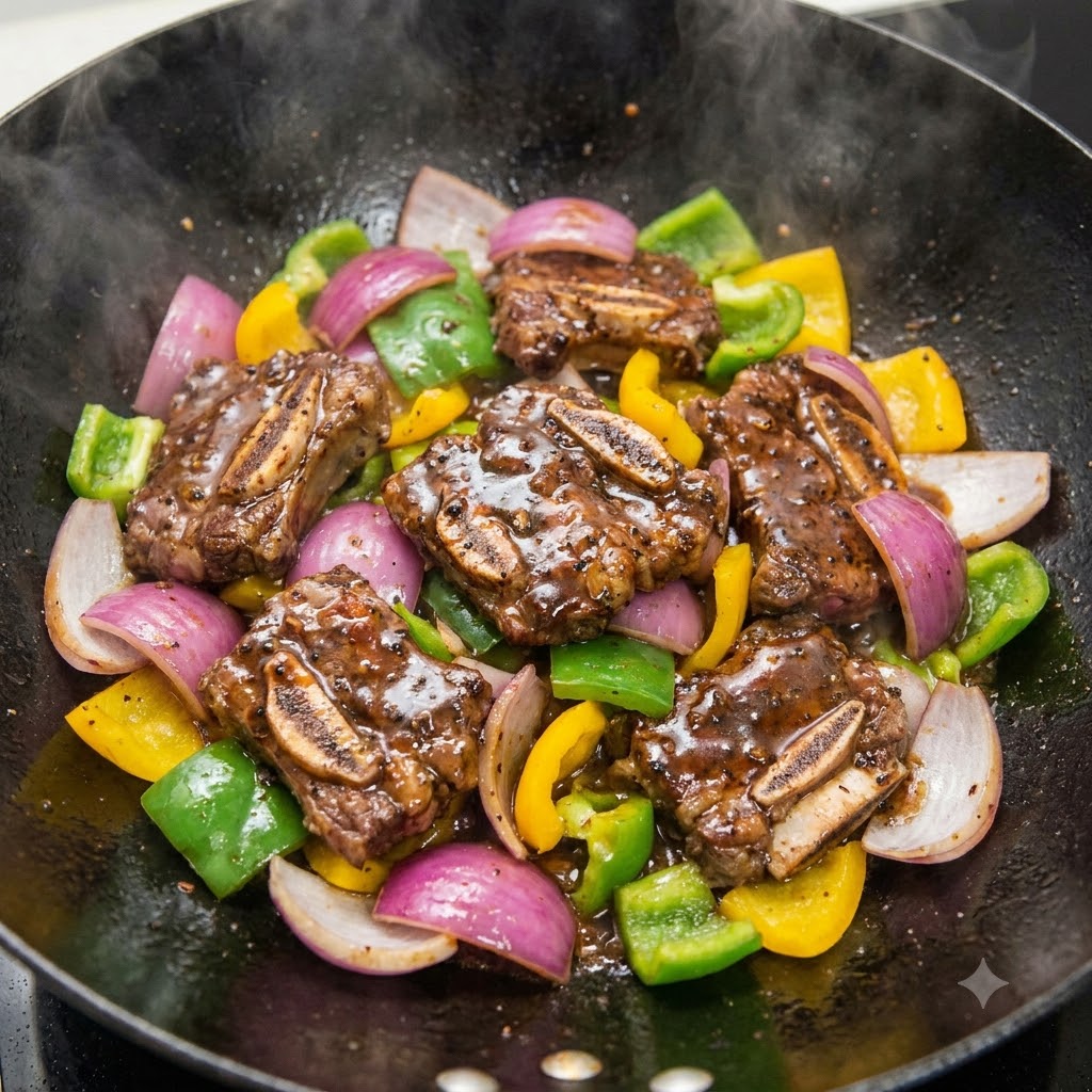 Soße mit schwarzem Pfeffer wird über angebratene Rippchen und gemischtes Gemüse in einem Wok gegossen.