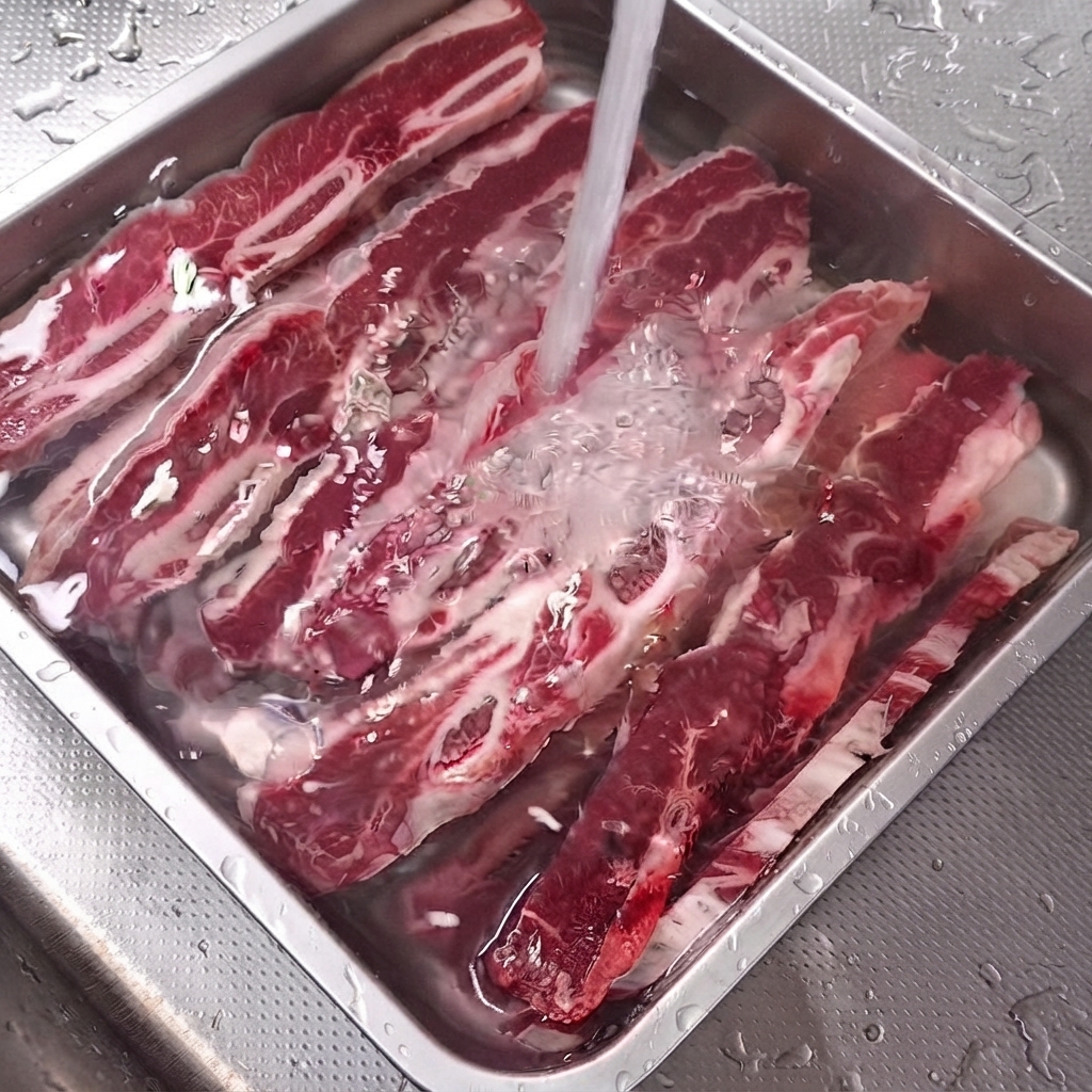 Rohe LA Galbi-Rippchen in einem Edelstahlbehälter mit Wasser eingetaucht.