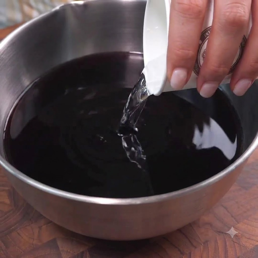 Wasser und dunkle Sojasauce werden aus einer Papiertasse in eine große Rührschüssel aus Edelstahl gegossen.