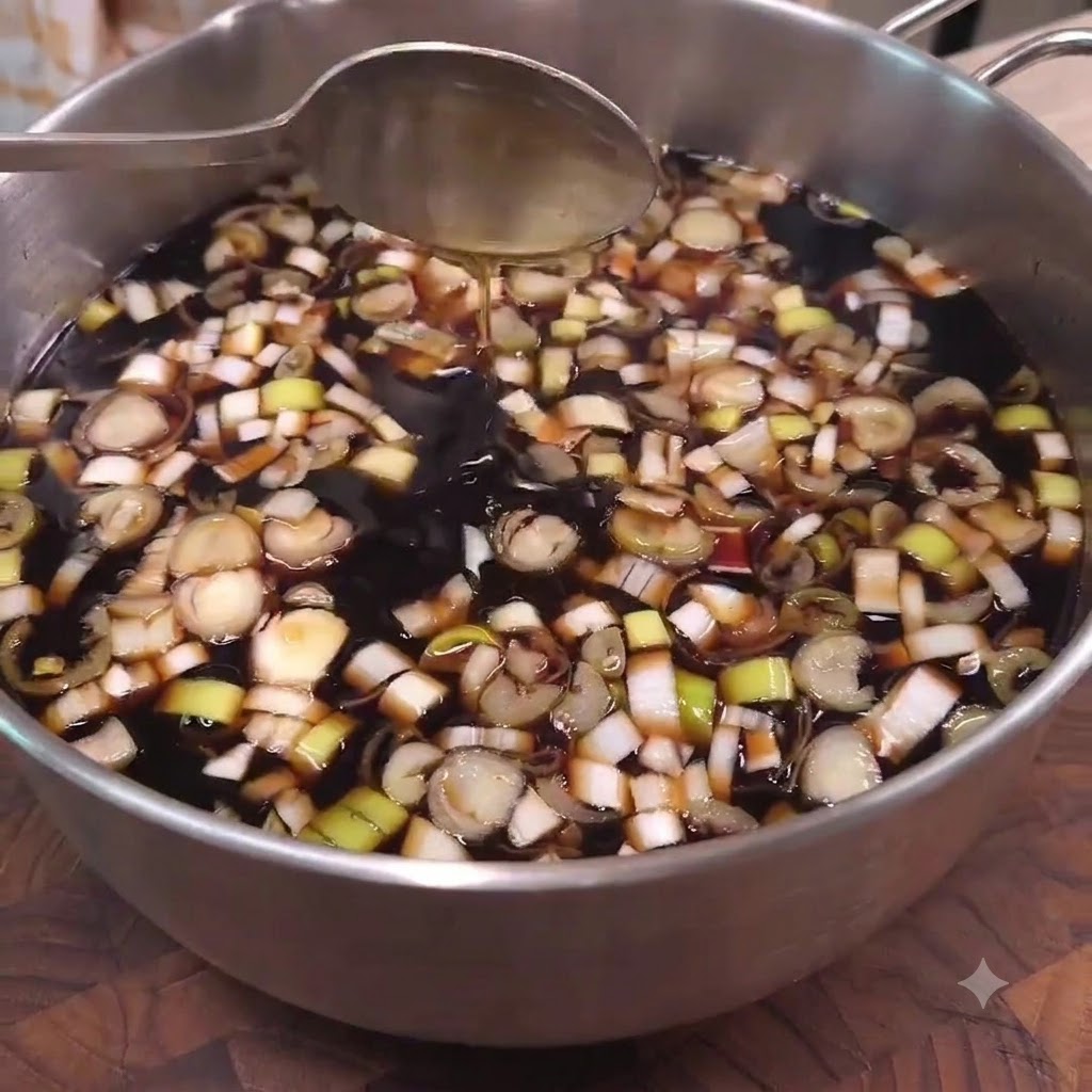 Ein Löffel rührt eine große Portion selbstgemachte LA Galbi-Marinade voller gehackter Frühlingszwiebeln um.
