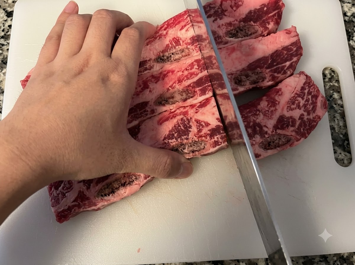 Eine Hand hält ein Messer und schneidet rohe Rinder-Kurzrippen auf einem weißen Schneidebrett.