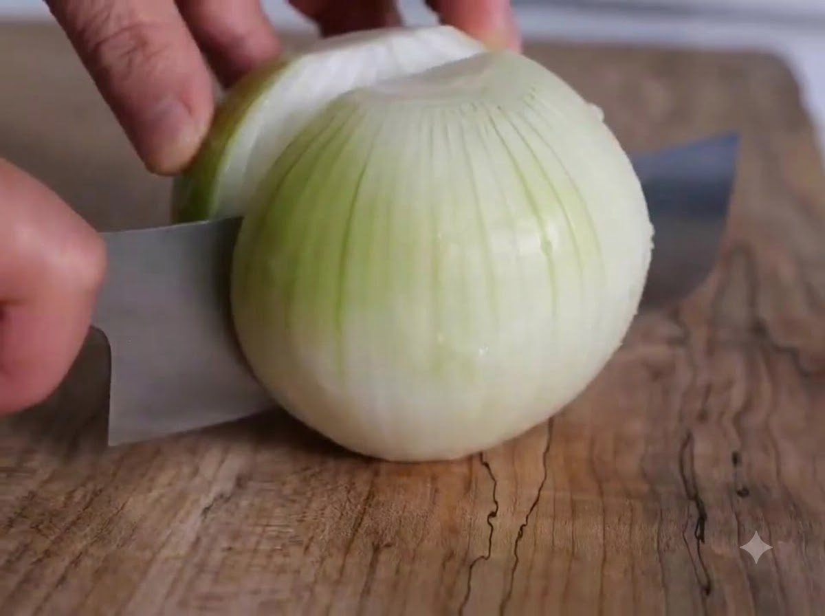 Eine Zwiebel und eine Birne werden mit einem Messer auf einem Holzschneidebrett neben geschältem Knoblauch geschnitten.