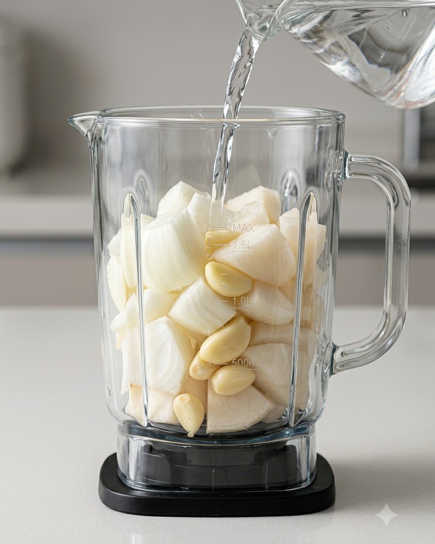 Hackte Zwiebel-, Birnen- und Knoblauchstücke werden mit Wasser in einem klaren Glasmixer püriert.