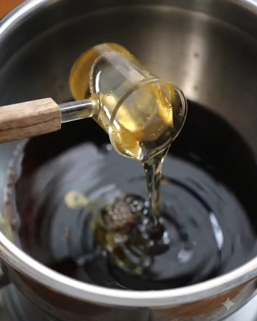 Sake, weißer Zucker und Fruchtsaft werden in die gewürzte Flüssigkeitsmischung in einer Schüssel gegossen.