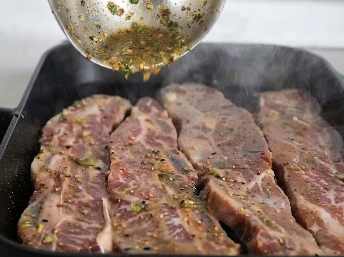Zusätzliche Marinadensauce wird über die in der Pfanne kochenden Kurzrippchen gegossen.
