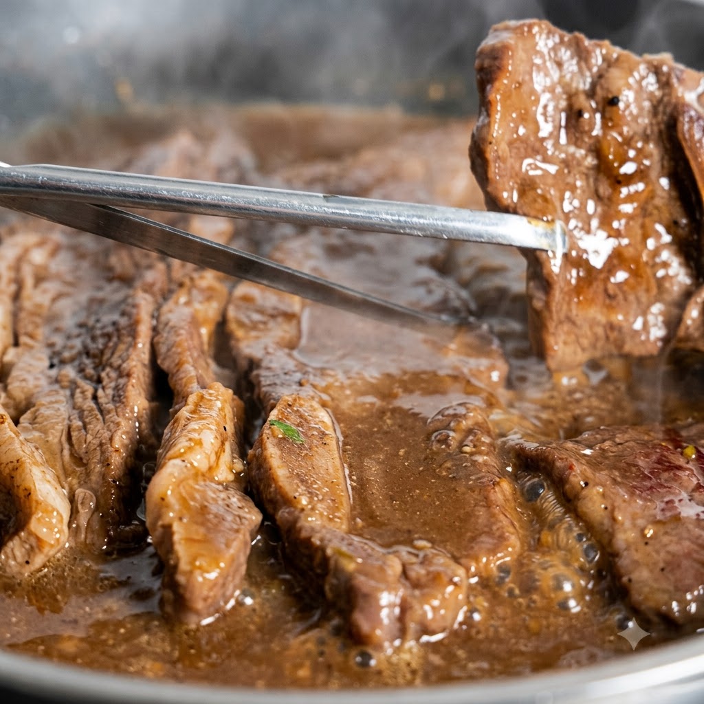 Gekochte Kurzrippchen werden in der Pfanne mit einer Küchenschere geschnitten, während die Sauce eindickt.