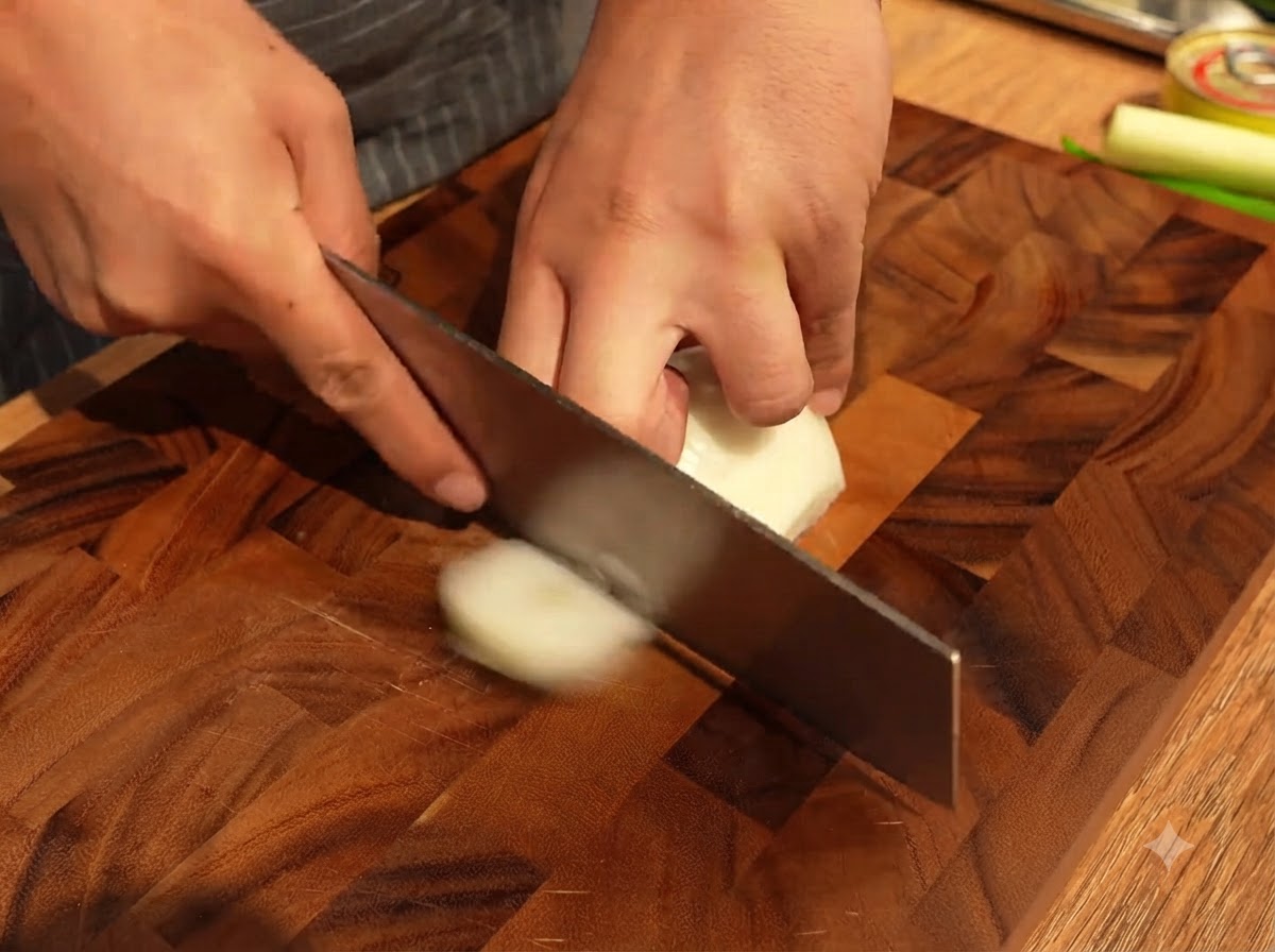 Das Schneiden einer halben weißen Zwiebel in Streifen auf einem Holzschneidebrett mit einem Fleischerbeil.