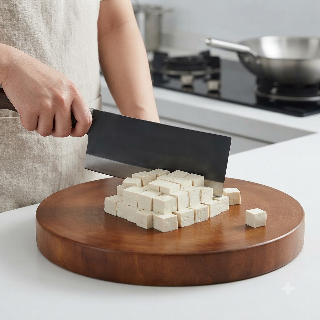 Ein Block weißer Tofu wird mit einem Küchenmesser auf einem Holzschneidebrett in kleine Würfel geschnitten.