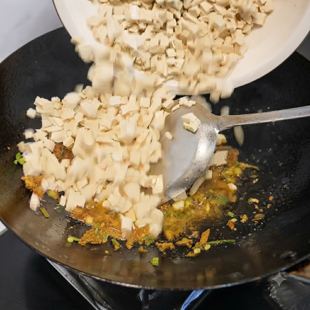 Gewürfelter Tofu wird aus einer weißen Schüssel in einen Wok mit den gekochten Aromen geschüttet.
