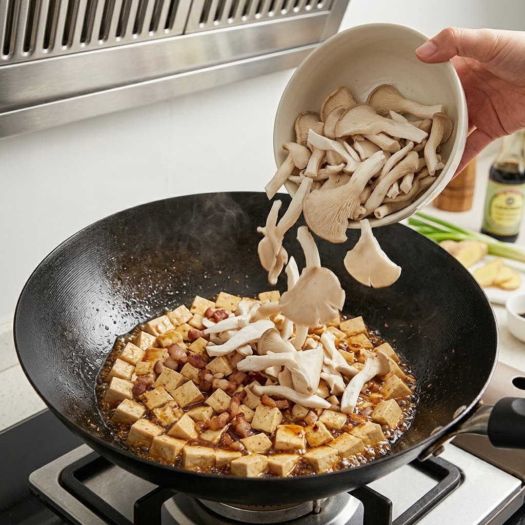 In Scheiben geschnittene Austernpilzen werden aus einer Schüssel in einen mit Tofu und Schweinestücken gefüllten Wok gegeben.