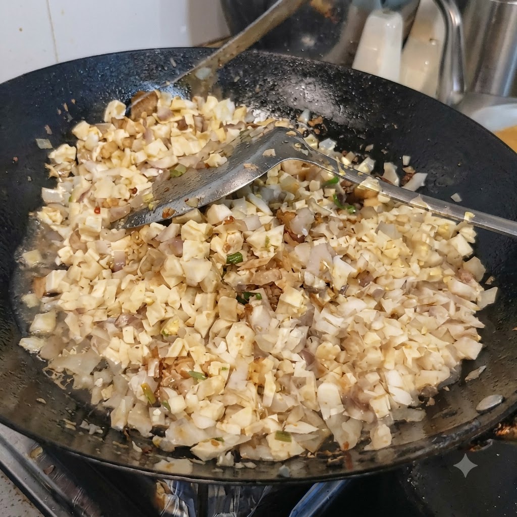 Salz wird zu der Mischung aus gewürfeltem Tofu und Austernpilzen in einen Wok gegeben.