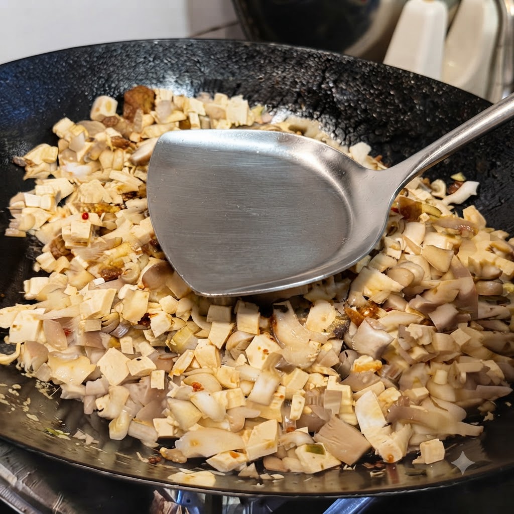 Wasser wird in einen Wok mit gewürfeltem Tofu und Pilzen gegossen.