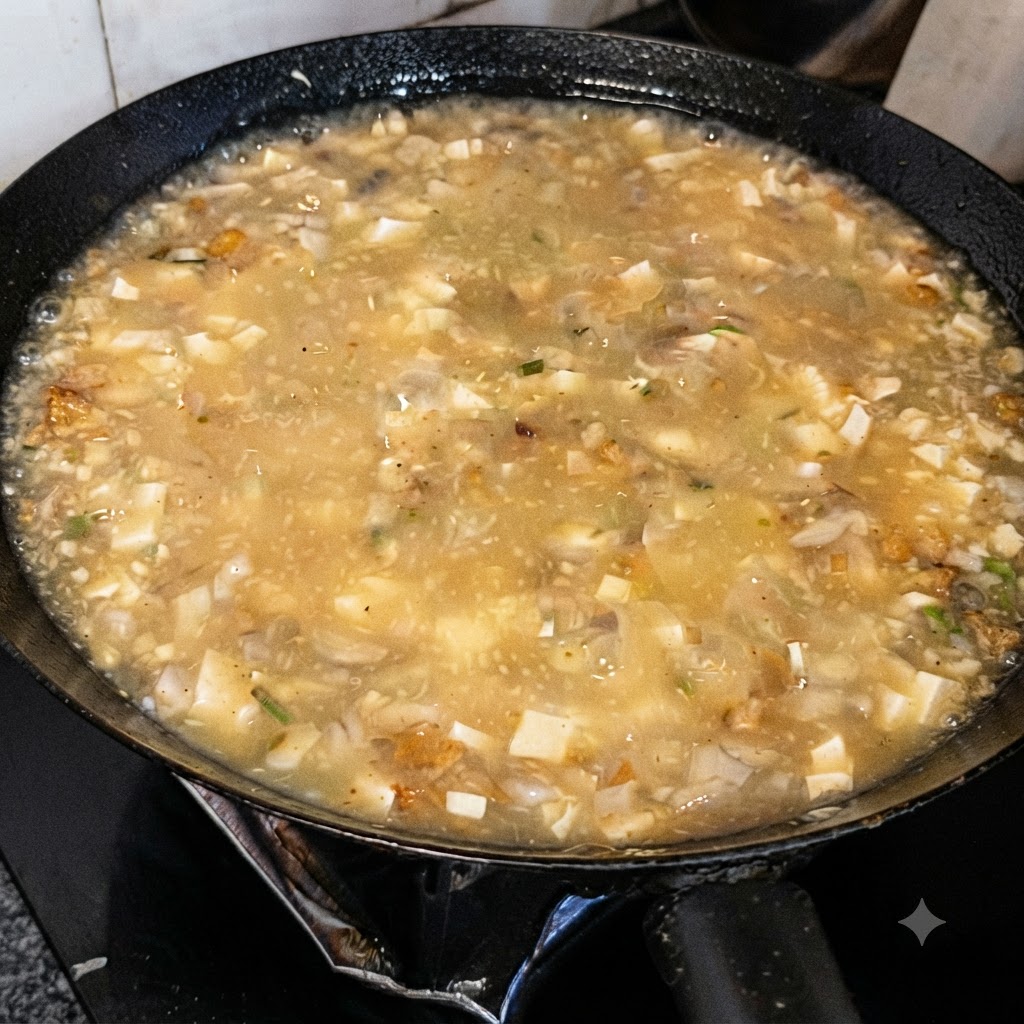 Weißes Pfefferpulver wird über die Oberfläche der Suppe gestreut.