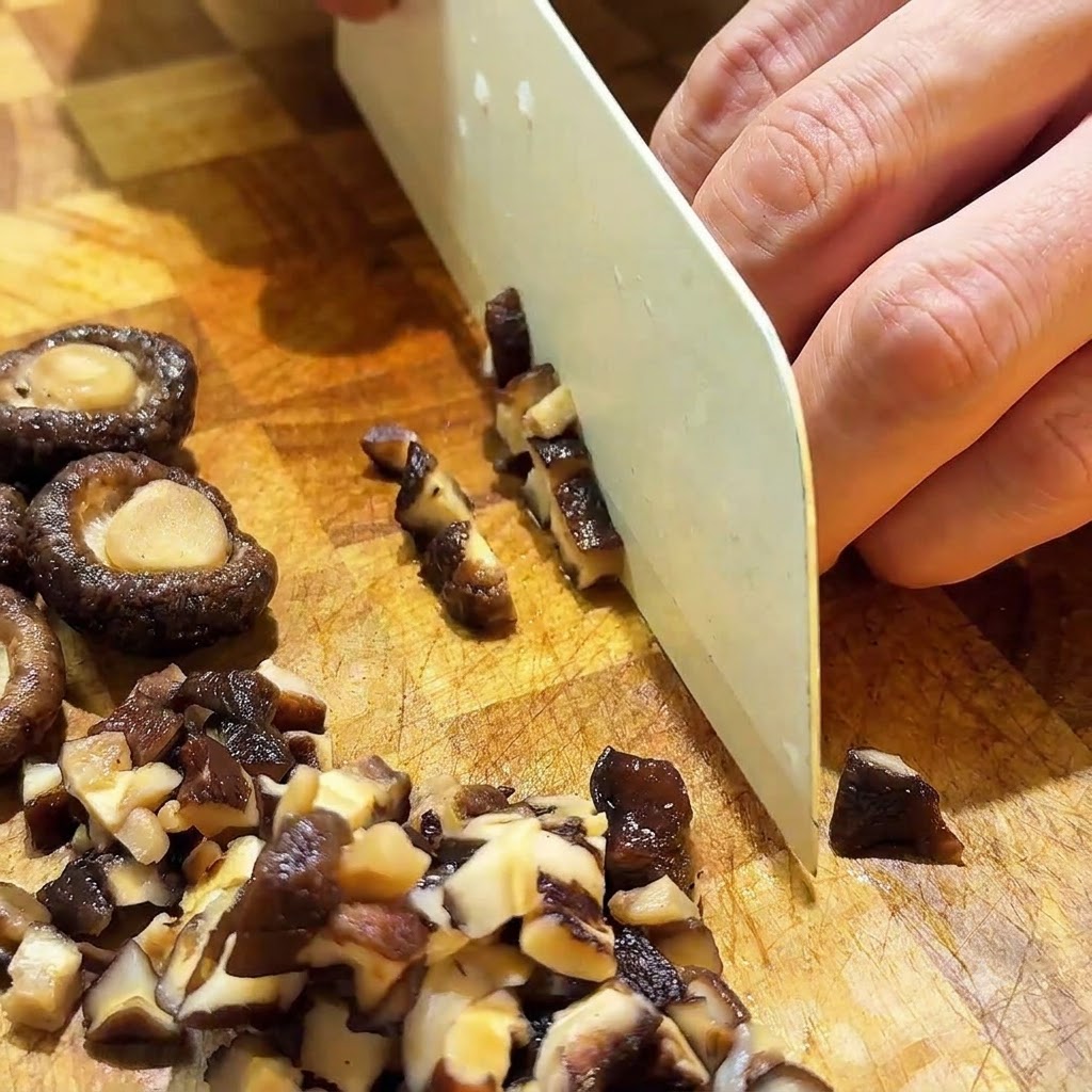 Rehydrierte Shiitake-Pilze werden mit einem weißen Messer auf einem Holzbrett in kleine Würfel geschnitten.