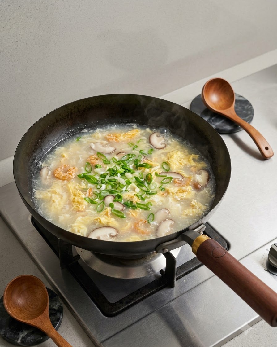 Gehackte Frühlingszwiebeln werden zur fertigen Suppe gegeben.