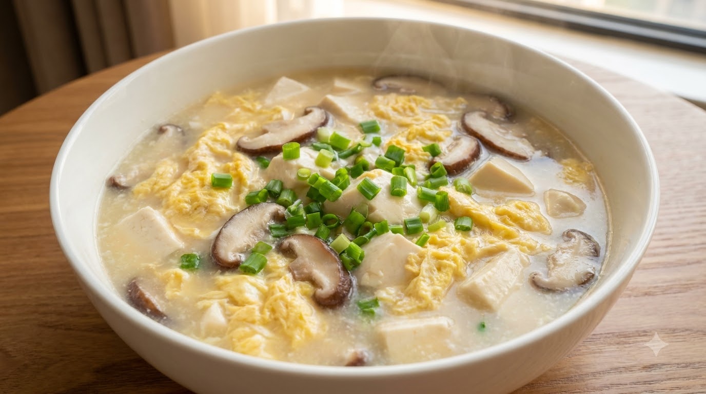 Wärmende Pilz-Tofu-Eiersuppe