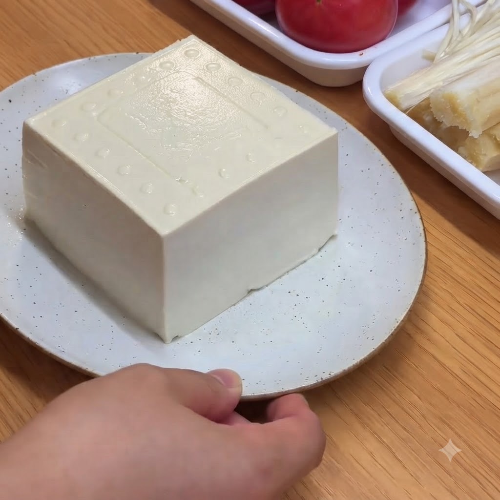 Ein Block weicher weißer Tofu wird auf einem weißen Teller in kleine rechteckige Würfel geschnitten.