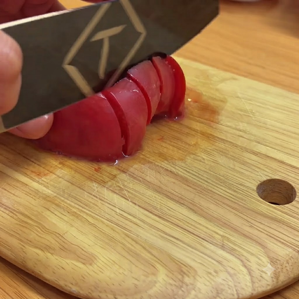 Rote Tomaten werden mit einem Messer auf einem Holzschneidebrett in kleine Stücke geschnitten.