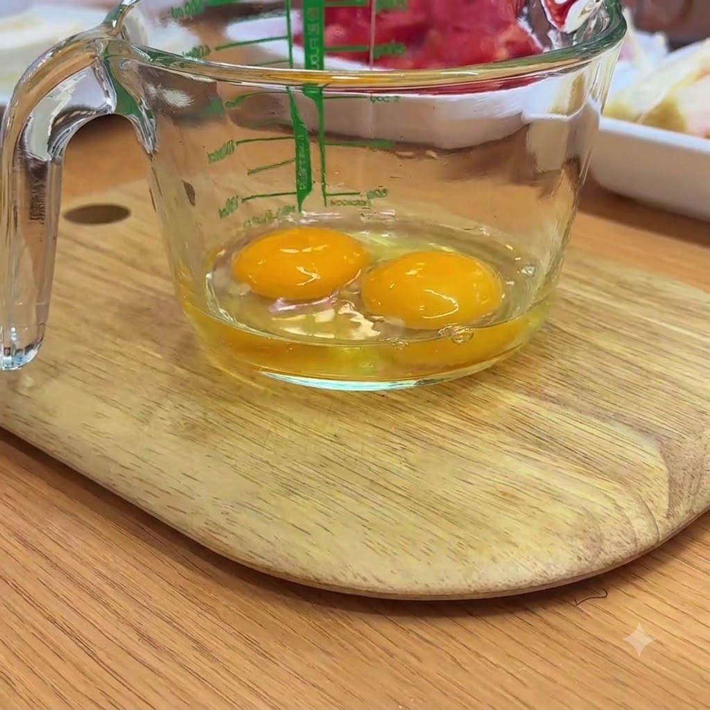 Zwei rohe Eier in einem klaren Messbecher werden gründlich mit Stäbchen verquirlt.