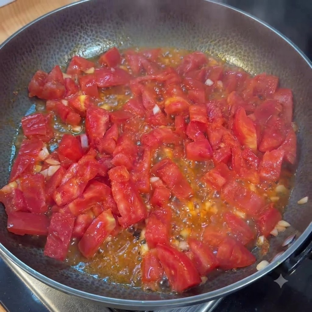 Gehackte Tomaten kochen in einer Pfanne nach Zugabe von Salz zu einem breiigen, saftigen Zustand ein.