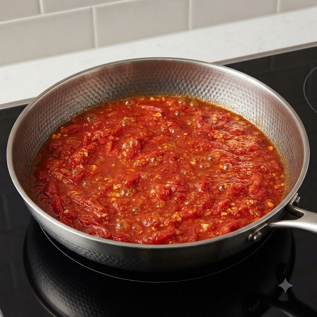 Wasser wird in eine Pfanne mit einer reichhaltigen, gekochten Tomatenbasis gegossen, die auf dem Herd blubbert.