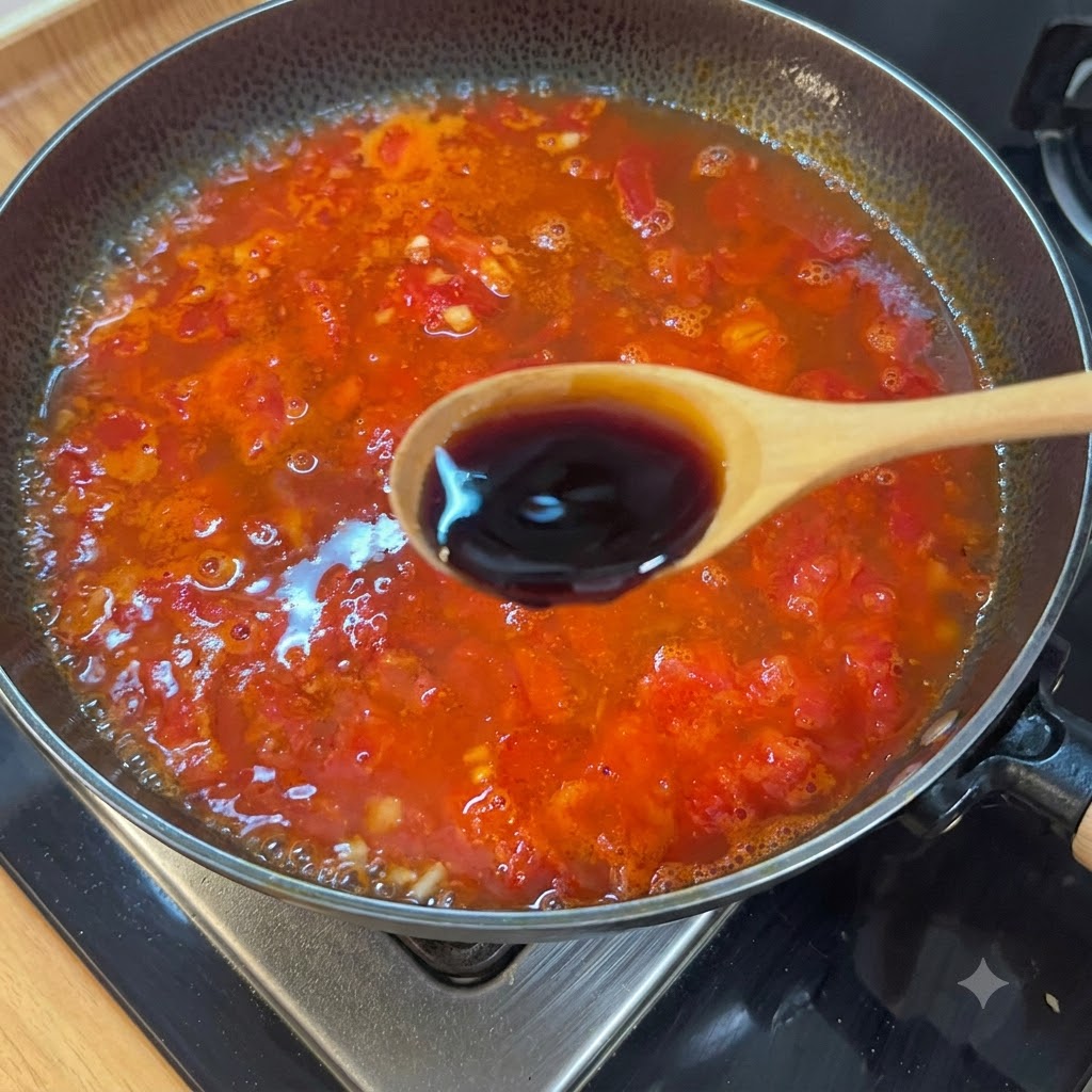 Ein Holzlöffel gibt helle Sojasauce in einen köchelnden Topf mit Tomatensuppenbasis.